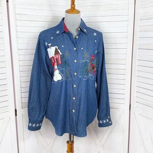Karen Scott Embroidered Country Christmas Denim Button Up Shirt Blue Medium